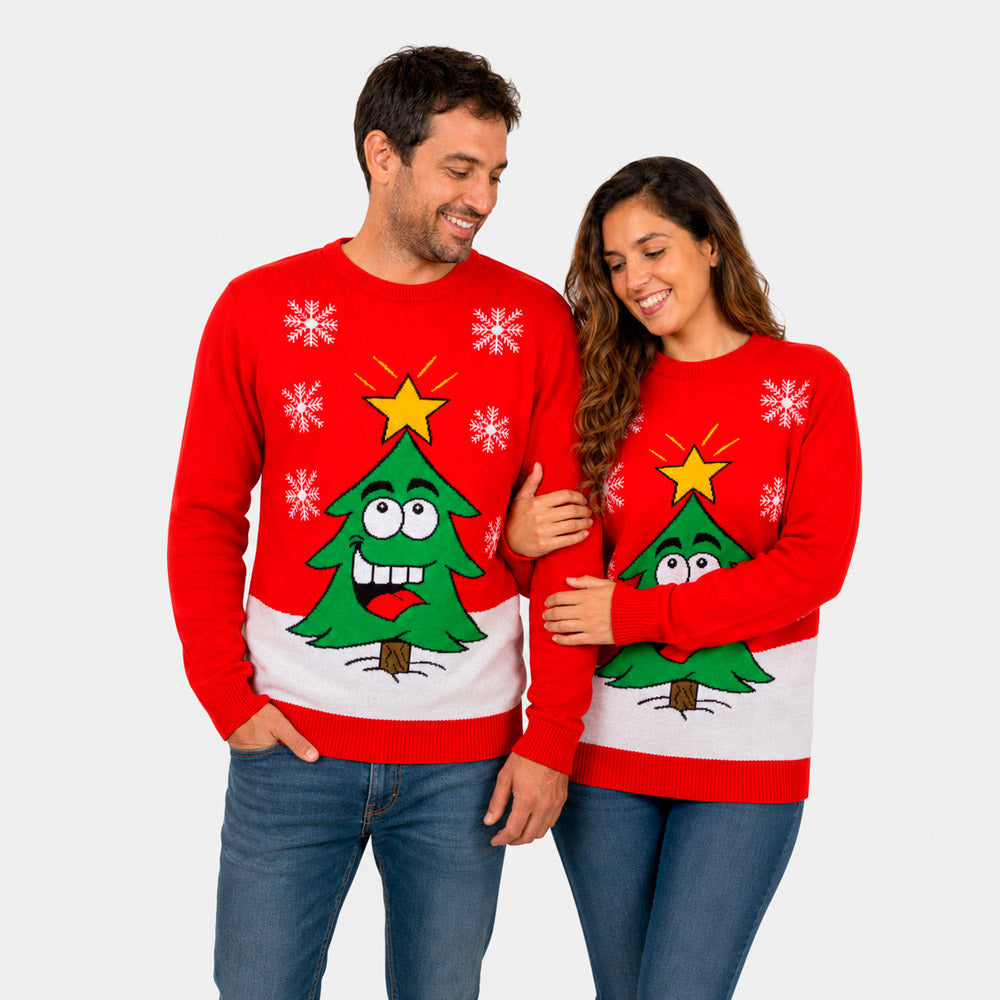 Pull de Noël Famille Rouge avec Sapin de Noël Souriant couple
