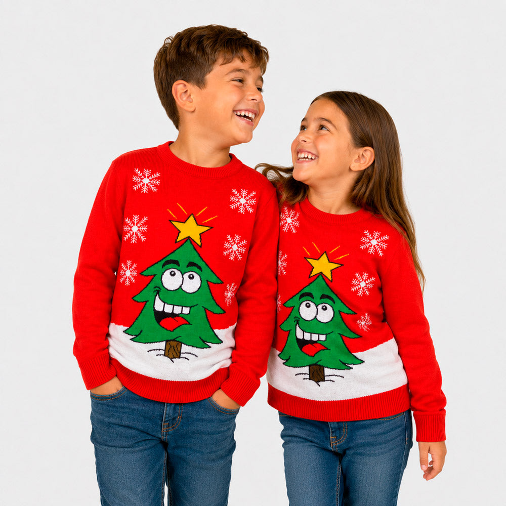 Pull de Noël Famille Rouge avec Sapin de Noël Souriant Enfants
