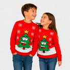 Pull de Noël Famille Rouge avec Sapin de Noël Souriant Enfants
