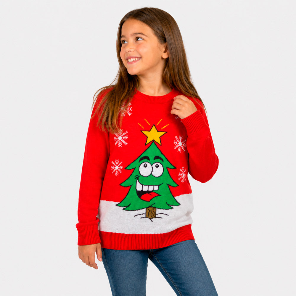 Pull de Noël Famille Rouge avec Sapin de Noël Souriant fille
