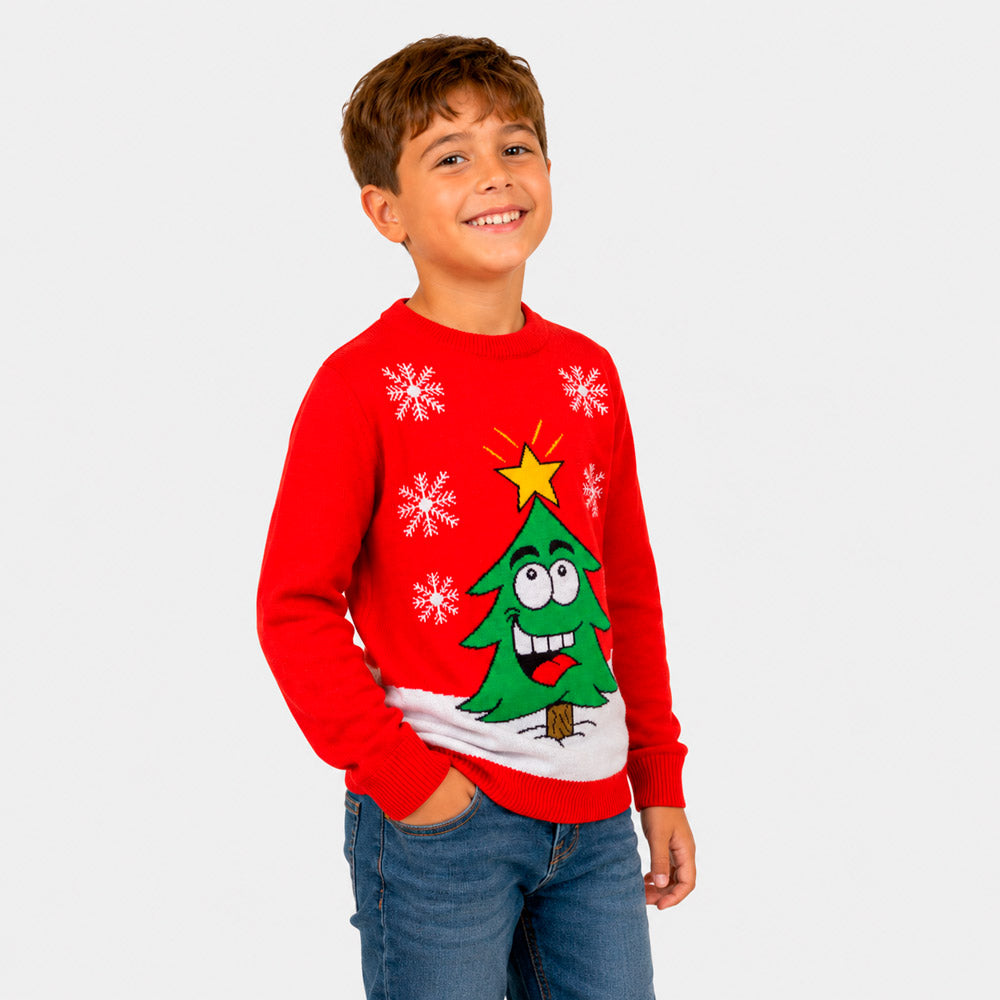 Pull de Noël Famille Rouge avec Sapin de Noël Souriant Garçon
