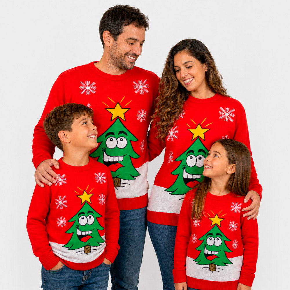 Pull de Noël Famille Rouge avec Sapin de Noël Souriant
