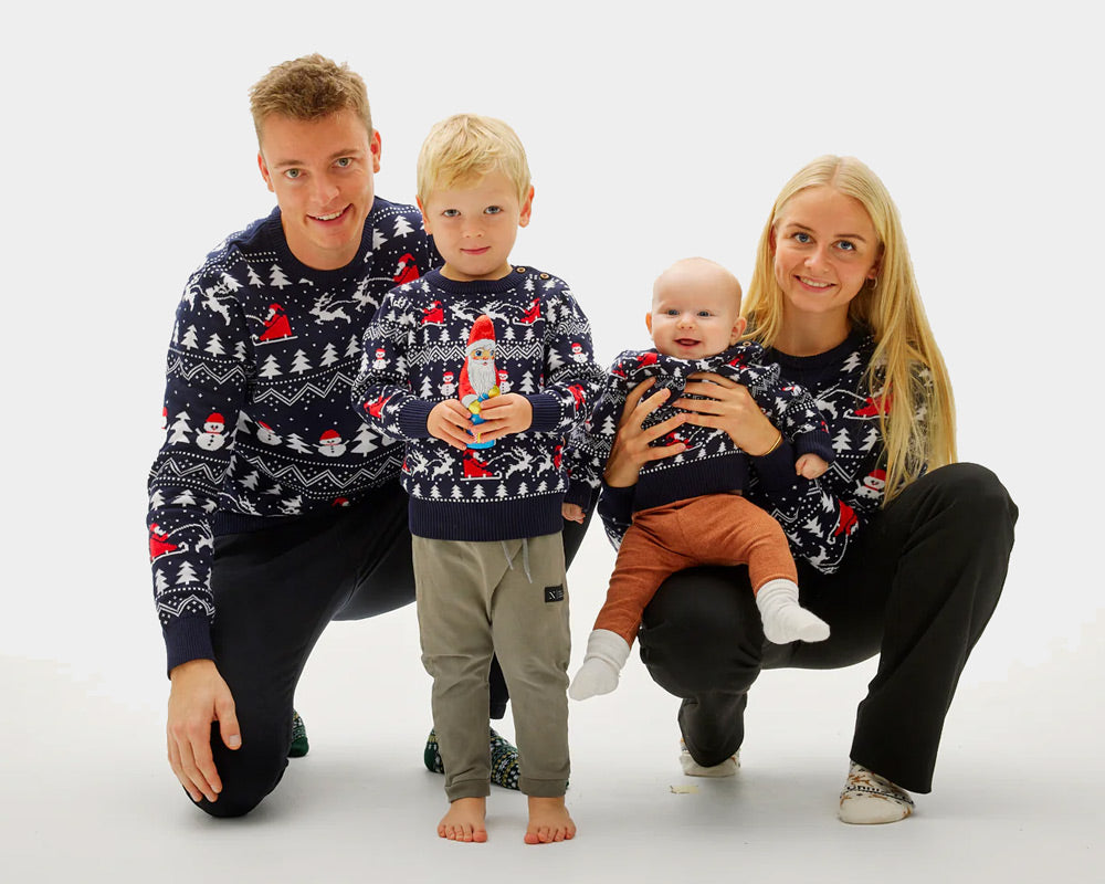 Pull de Noël Famille Sapins, Bonhommes de Neige Père Noël Coton Bio
