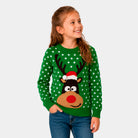 Pull de Noël pour Famille Vert Renne avec Bonnet de Noël 3D Fille

