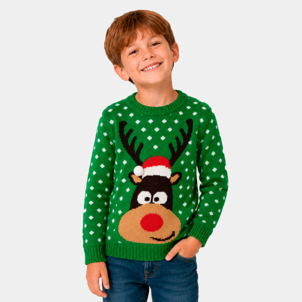 Pull de Noël pour Famille Vert Renne avec Bonnet de Noël 3D Garçon
