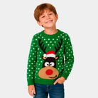 Pull de Noël pour Famille Vert Renne avec Bonnet de Noël 3D Garçon
