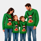 Pull de Noël pour Famille Vert Renne avec Bonnet de Noël 3D
