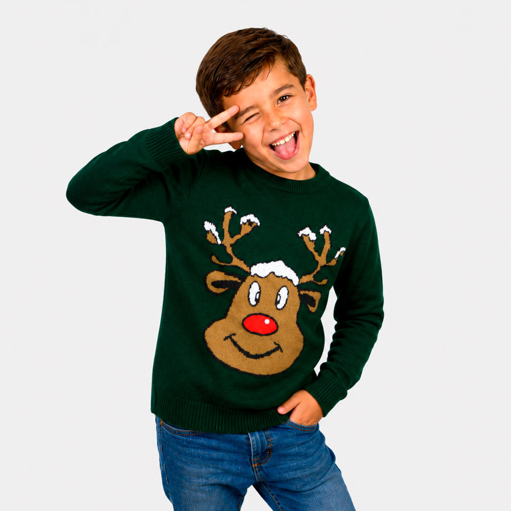 Pull de Noël famille Vert avec Renne Souriant Enfants
