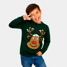 Pull de Noël famille Vert avec Renne Souriant Enfants
