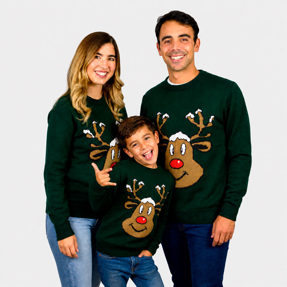 Pull de Noël famille Vert avec Renne Souriant
