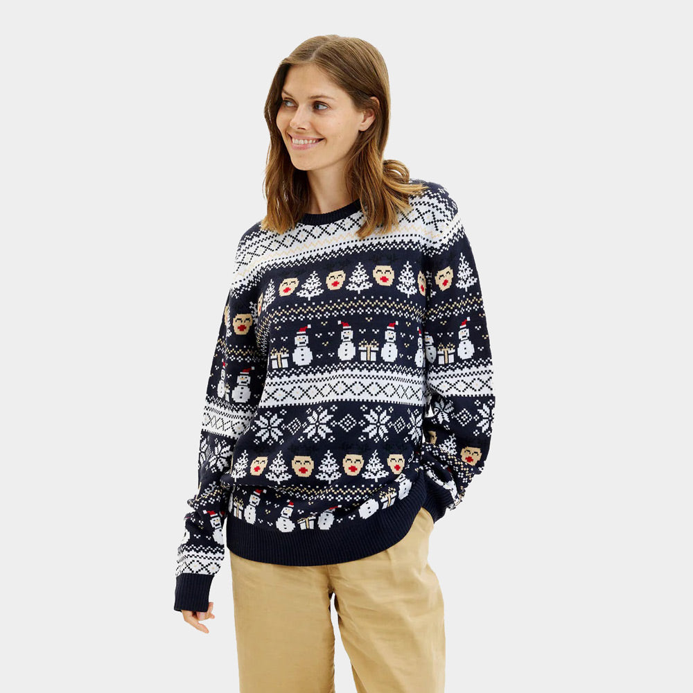 Pull de Noël Femme Couple Bleu Bonhommes de Neige et Sapins
