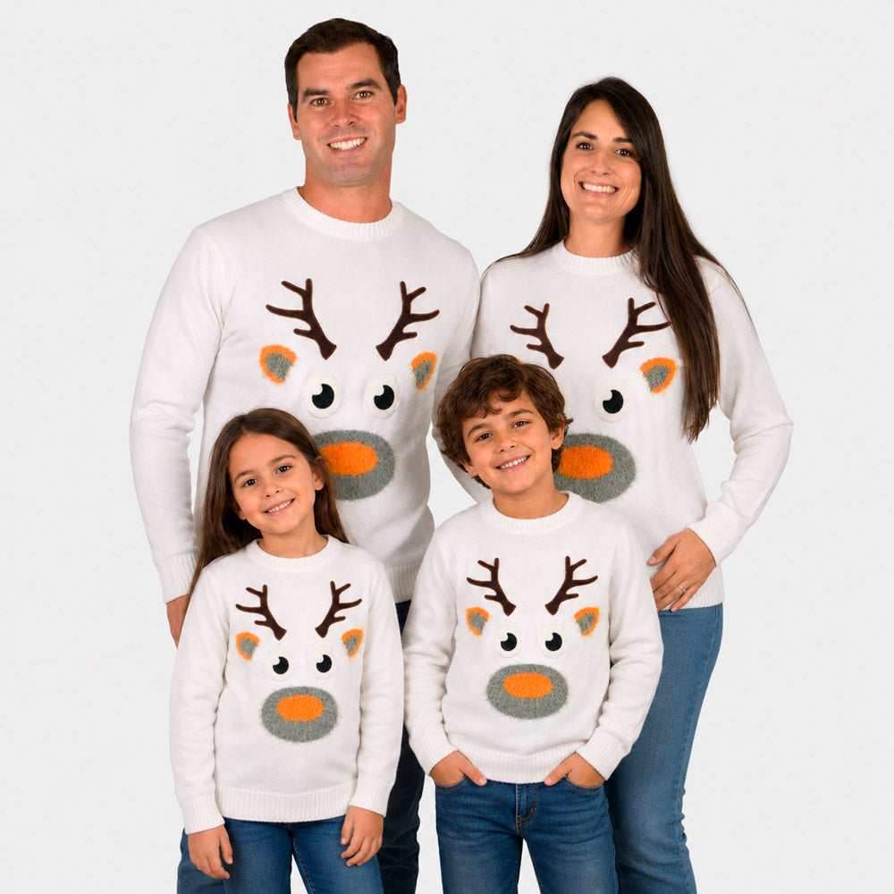 Pull de Noël pour Femme Blanc avec Renne 3D Famille
