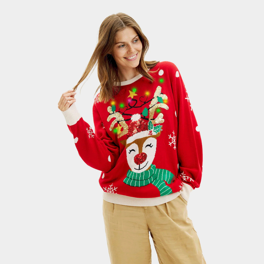 Pull de Noël Brillant Femme Lumineux LED Renne Paillettes
