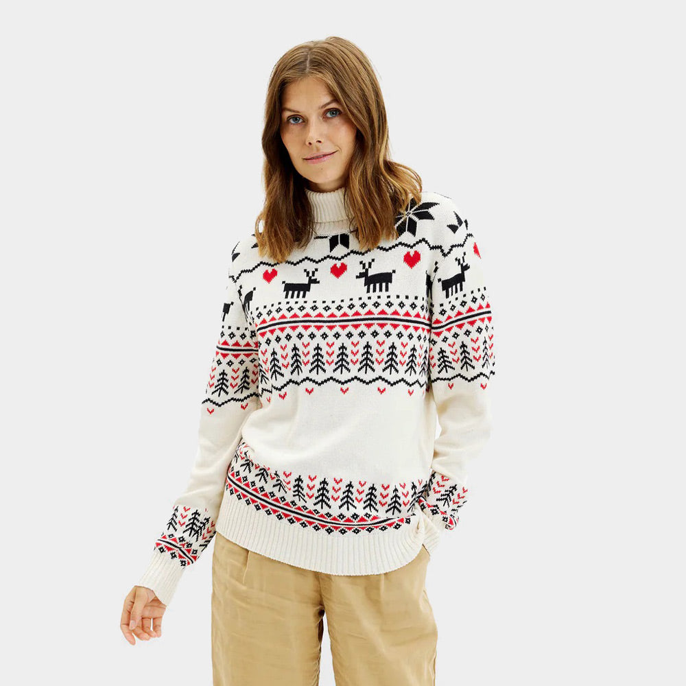 Pull de Noël pour Femme à Col Roulé Chic Beige Coton Bio