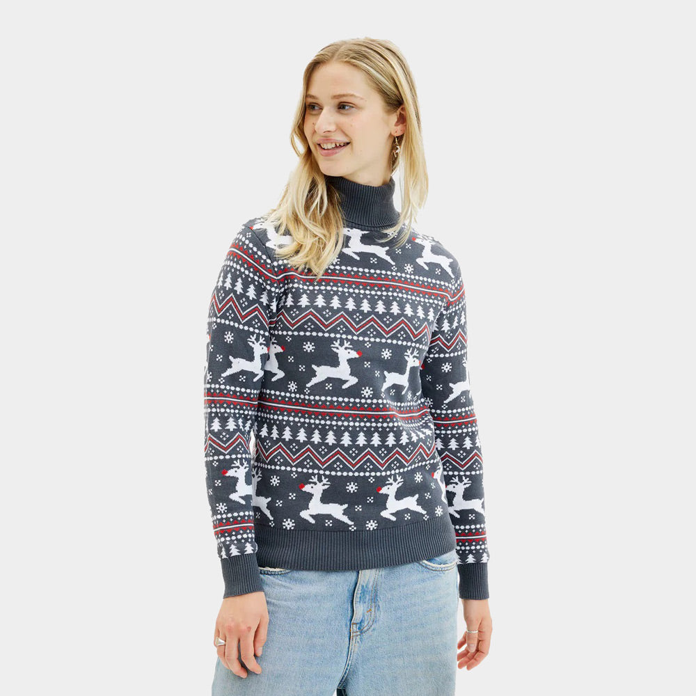 Pull de Noël pour Femme à Col Roulé Coton Bio Gris Rennes 