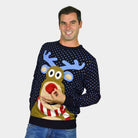 Pull de Noël Homme Femme Bleu Renne au Nez Rouge 3D
