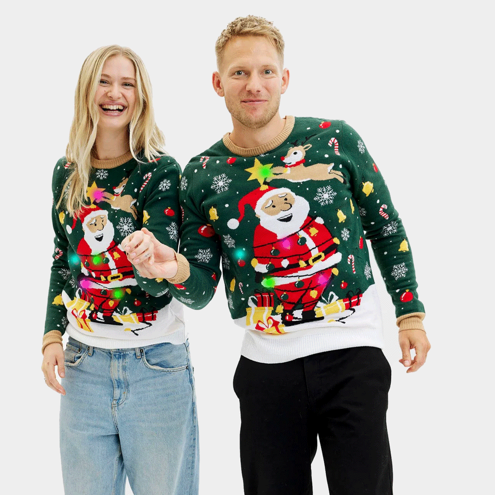 Pull de Noël pour Femme et Homme Lumineux LED Père Noël ligoté
