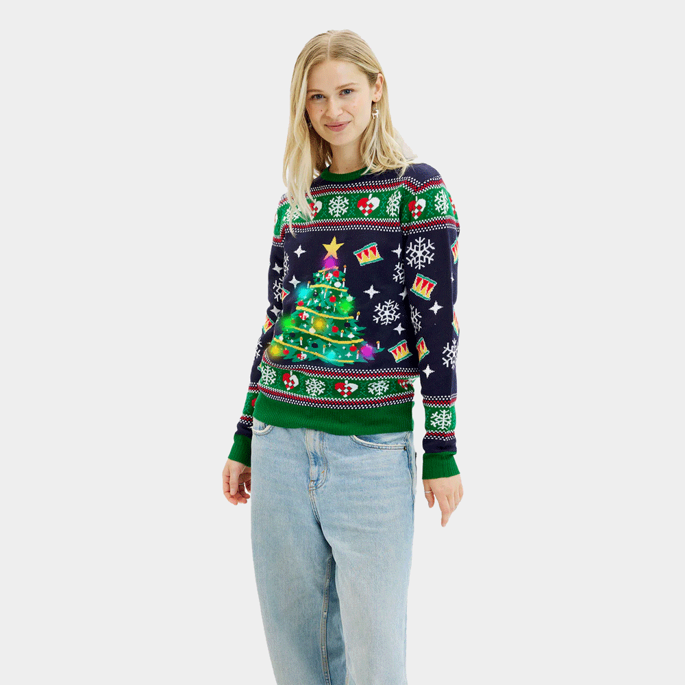 Pull de Noël pour Femme Lumineux LED Bleu avec Sapin de Noël
