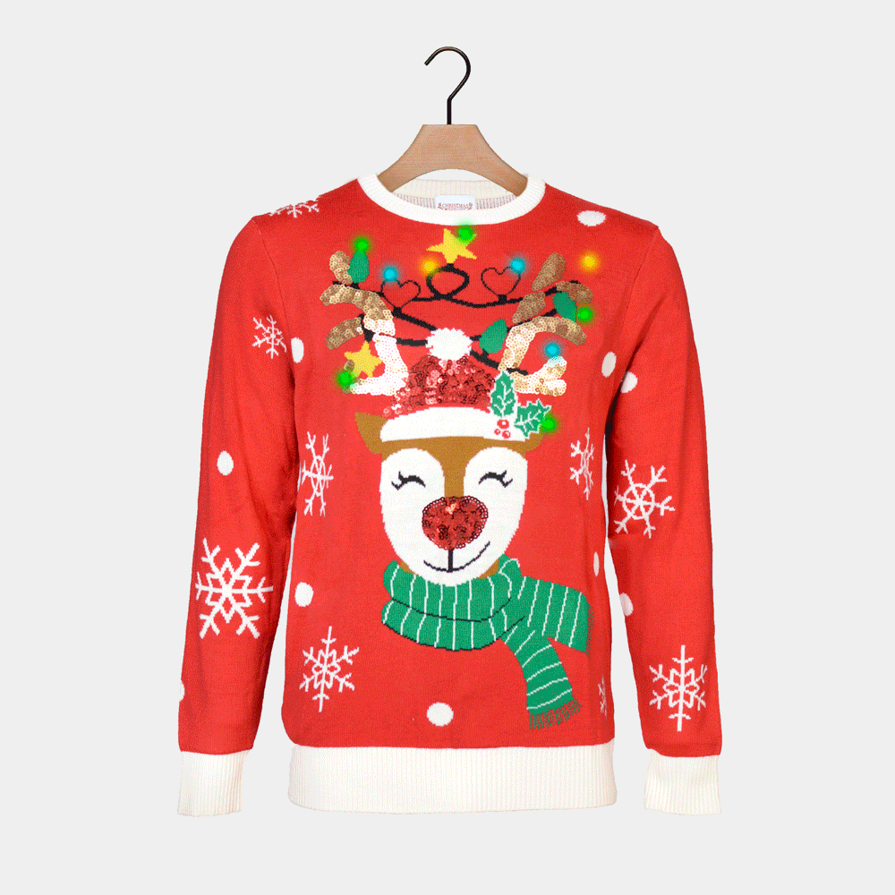 Pull de Noël pour Femme Lumineux LED Brillant Paillettes Renne 
