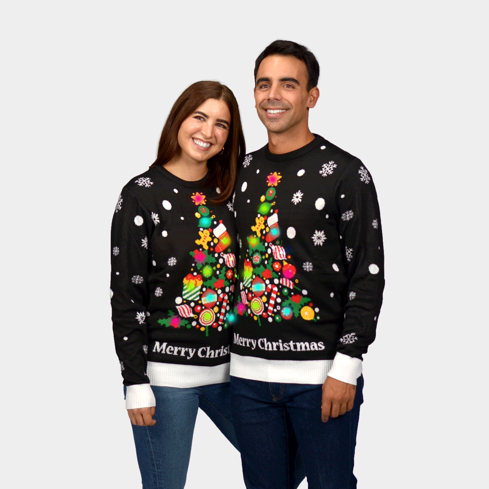 Pull de Noël pour Femme Homme Lumineux LED Noire Sapin de Noël