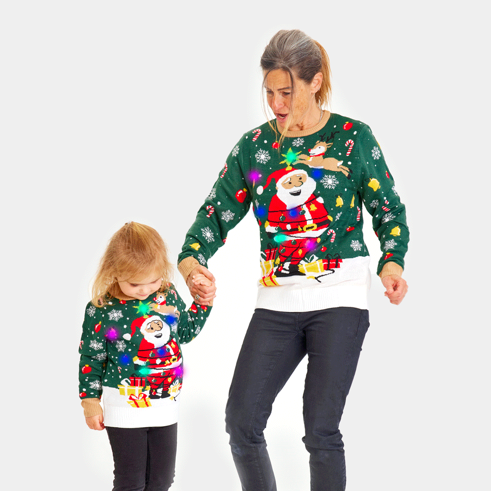 Pull de Noël pour Femme et Famille Lumineux LED Père Noël ligoté
