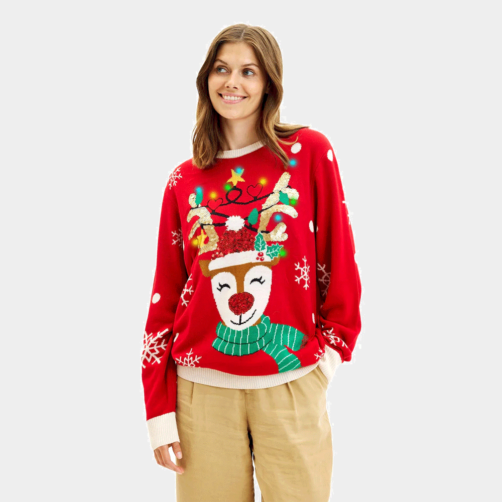 Pull de Noël pour Femme Lumineux LED Renne Brillant Paillettes
