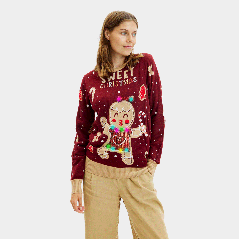 Pull de Noël pour Femme Lumineux LED Rouge Ginger Cookie

