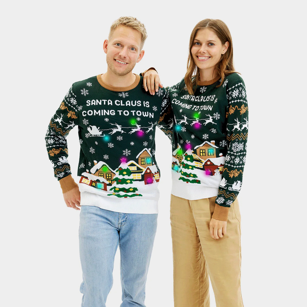 Pull de Noël pour Femme Lumineux LED Santa is Coming to Town Homme