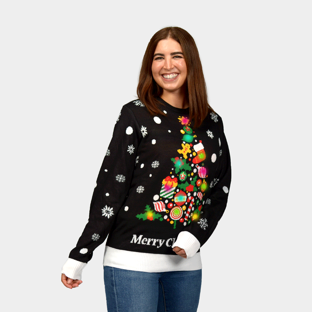 Sapin de Noël Pull de Noël pour Femme Lumineux LED Noire 
