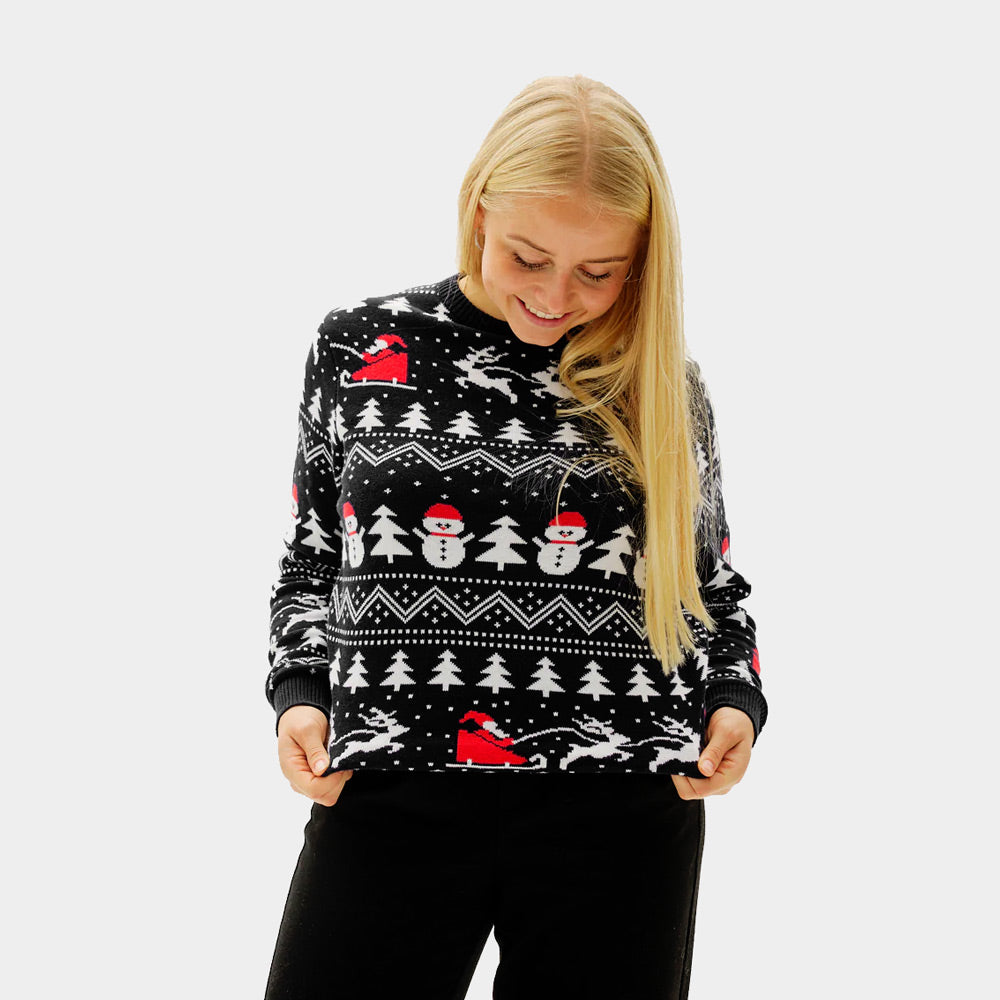 Pull de Noël pour Femme Noire Sapins, Bonhommes de Neige et Père Noël