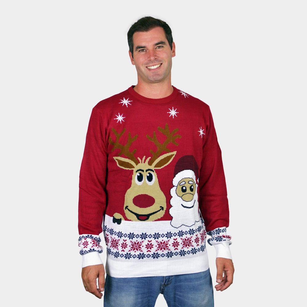 Pull de Noël Homme  Femme Pere Noël et Renne Souriants
