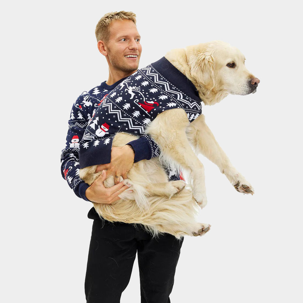 Pull de Noël Femme Sapins, Bonhommes de Neige et Père Noël Homme avec Chien
