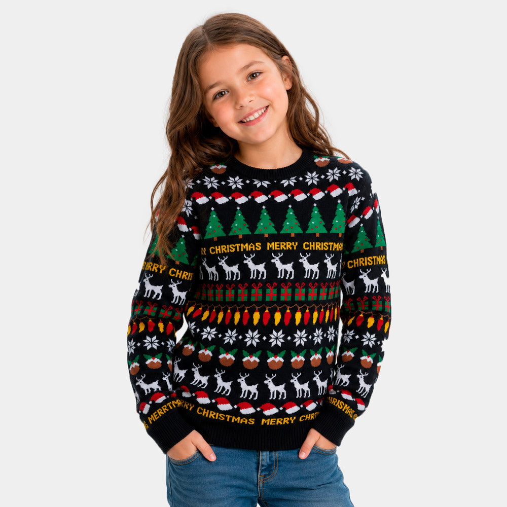 Pull de Noël pour Fille Noir avec Sapins, Rennes et Cadeaux
