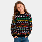 Pull de Noël pour Fille Noir avec Sapins, Rennes et Cadeaux
