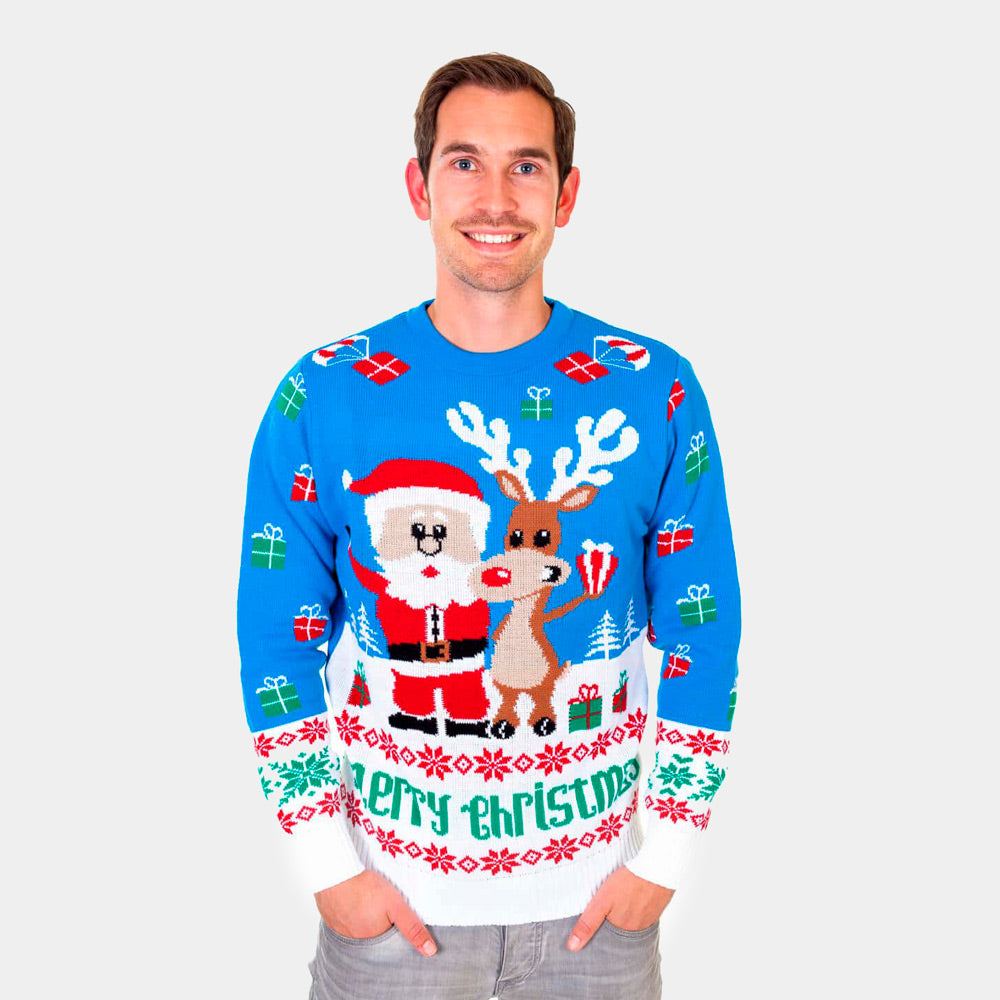 Pull de Noël pour Homme Bleu Ciel avec Rudolph le Renne et Père Noël