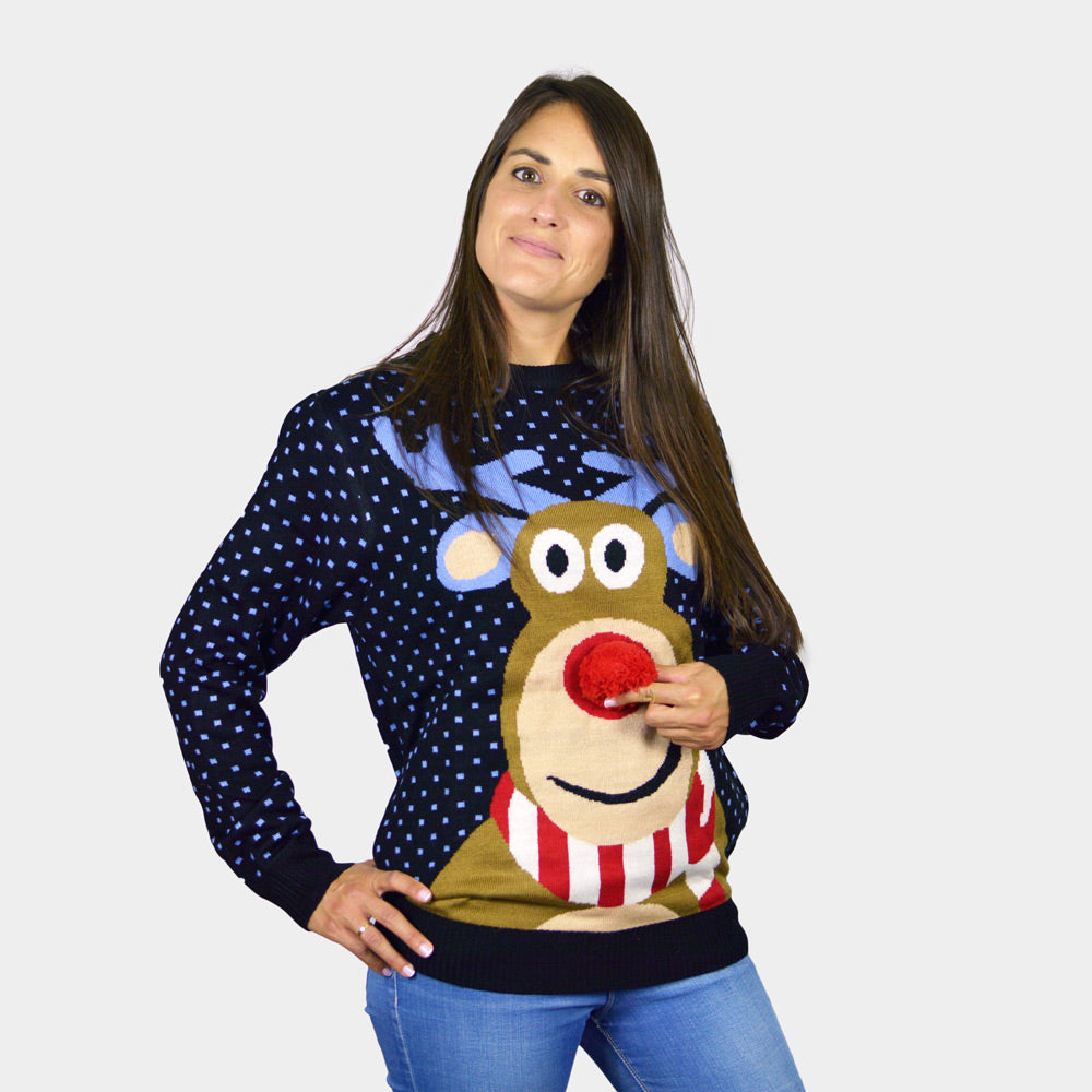 Pull de Noël pour Homme Bleu Renne Femme Nez Rouge 3D
