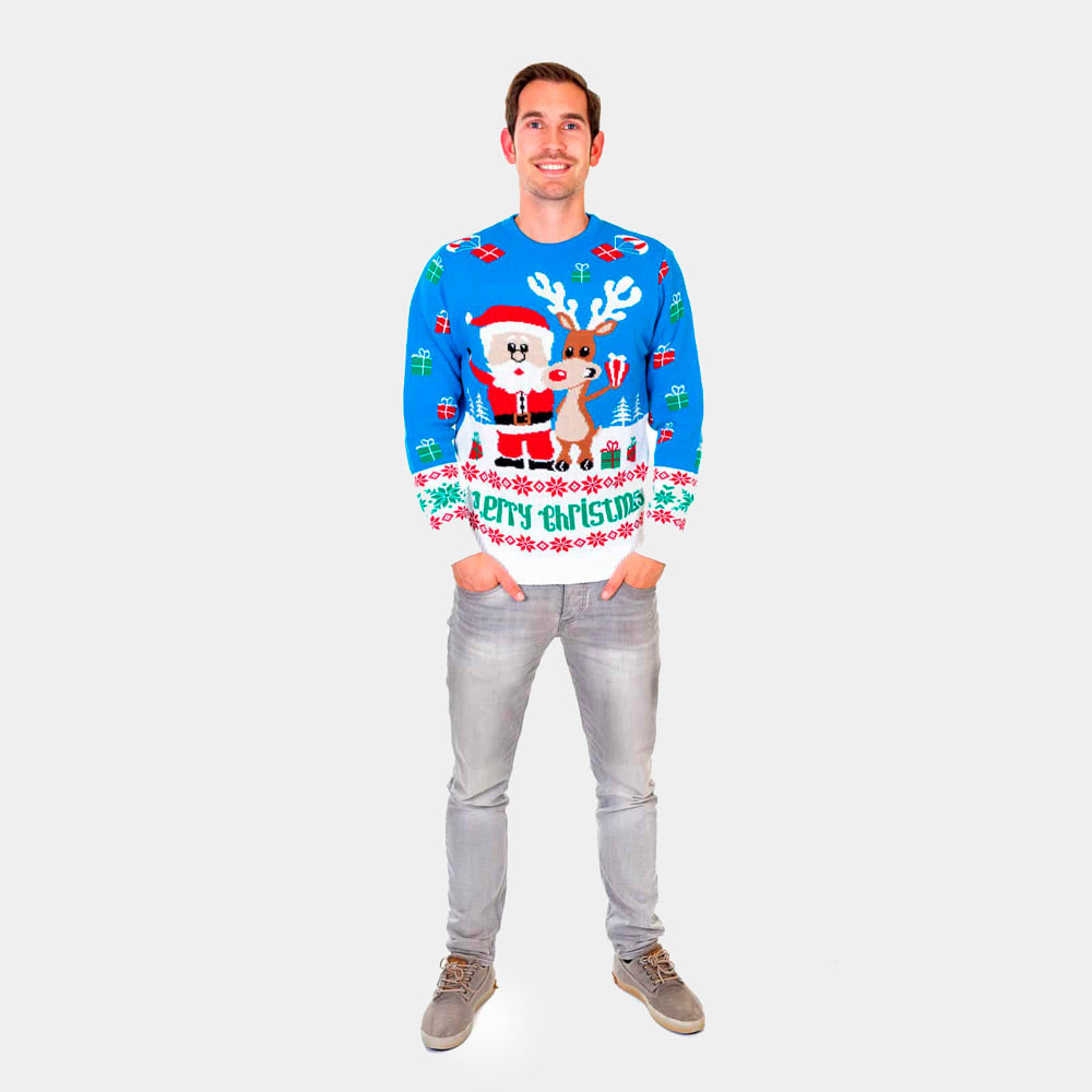 Pull de Noël pour Homme Bleu Rudolph le Renne et Père Noël
