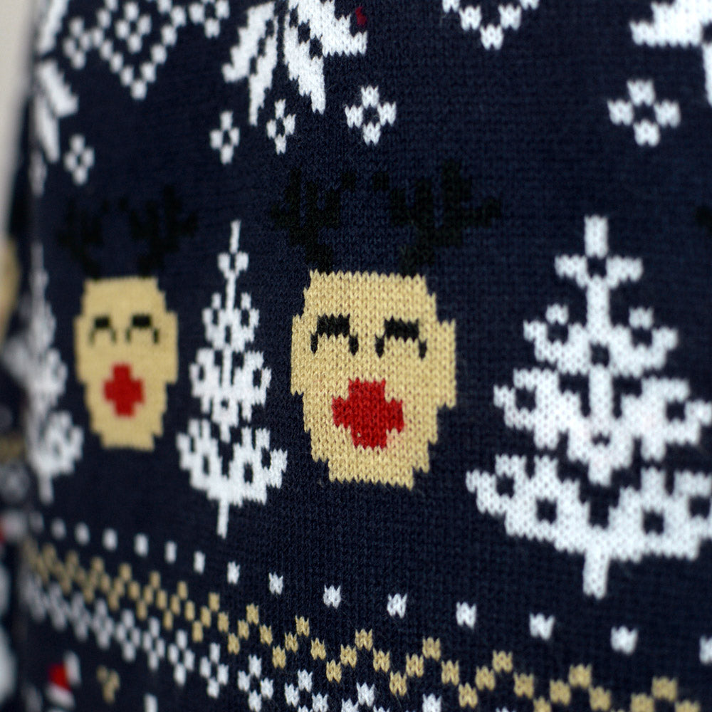 Pull de Noël pour Homme Bleu et Sapins Bonhommes de Neige 
