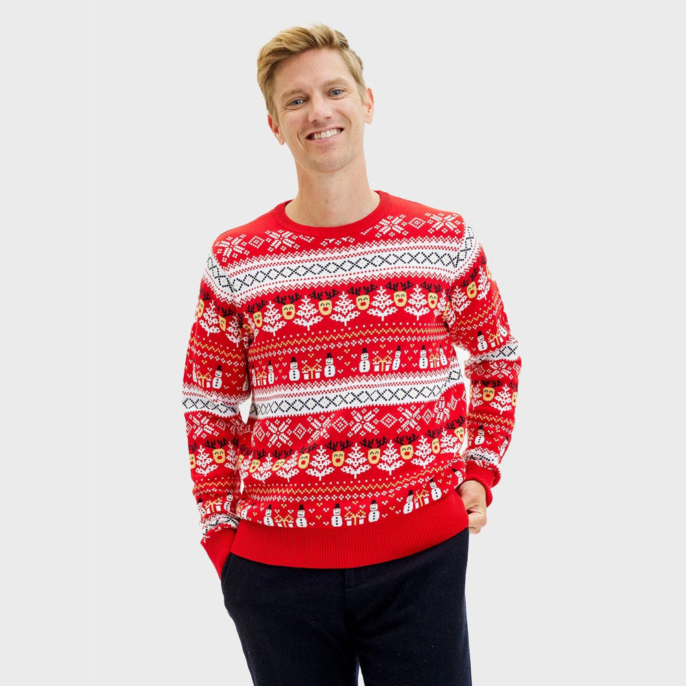 Pull de Noël Homme Bonhommes de Neige et Sapins Coton Bio Rouge 
