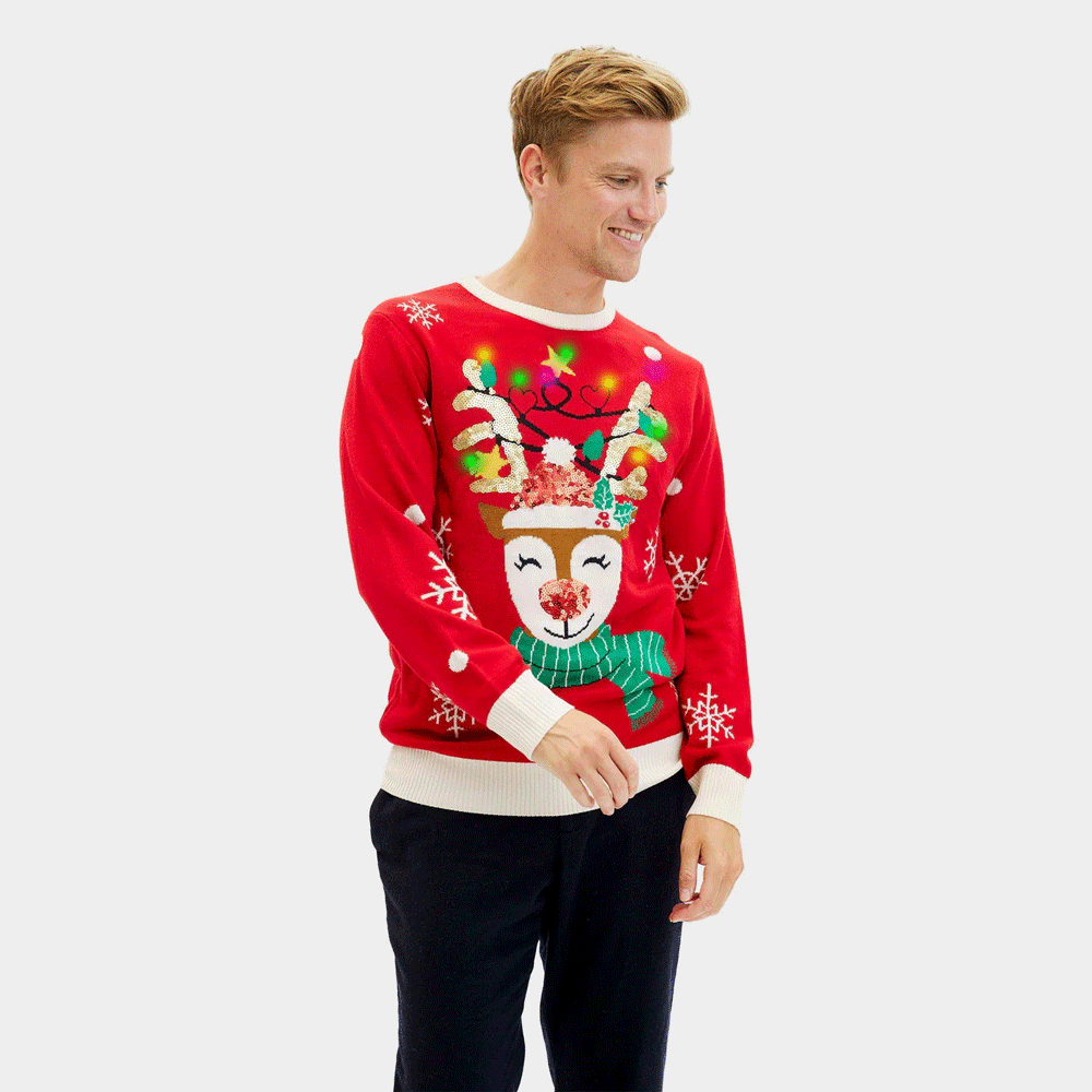 Pull de Noël pour Homme Brillant Lumineux LED Renne Paillettes
