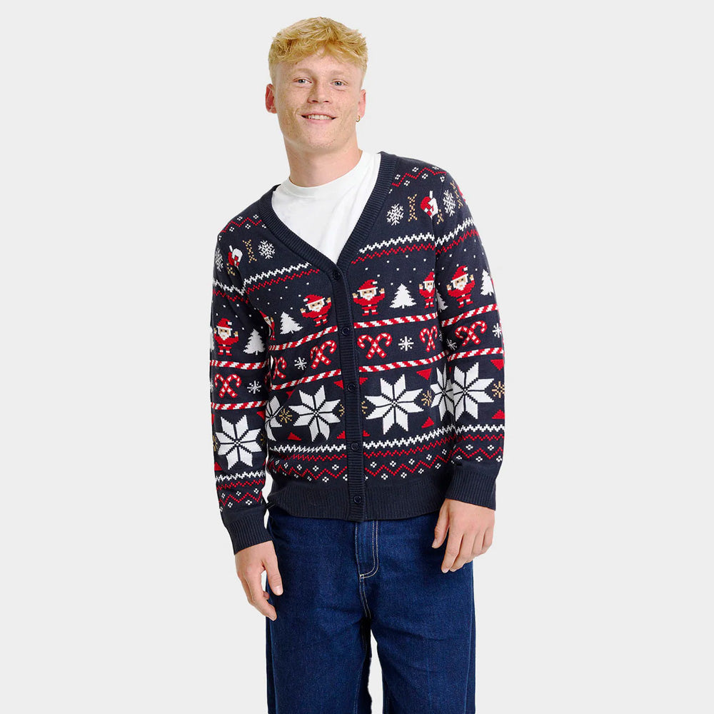 Pull de Noël Cardigan pour Homme Bleu avec Étoiles Polaires
