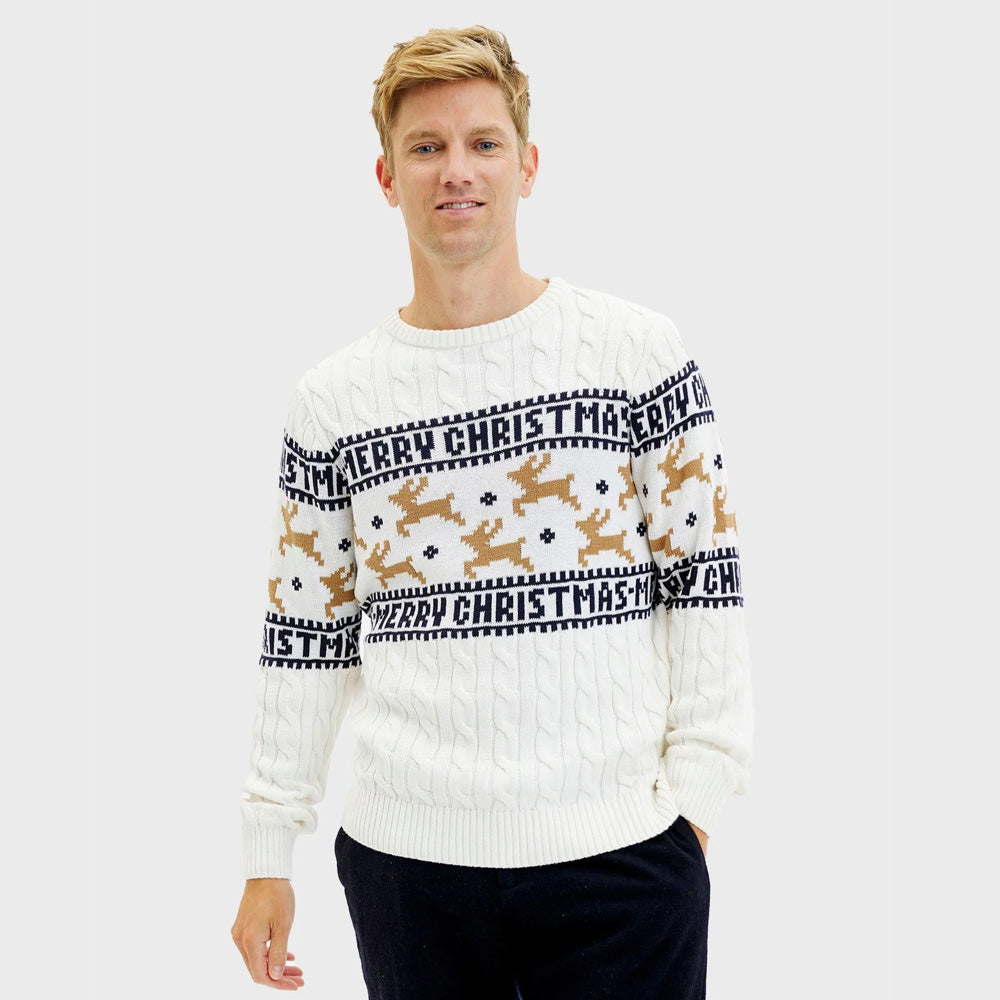 Pull de Noël pour Homme Blanc Chic Rennes Coton Bio

