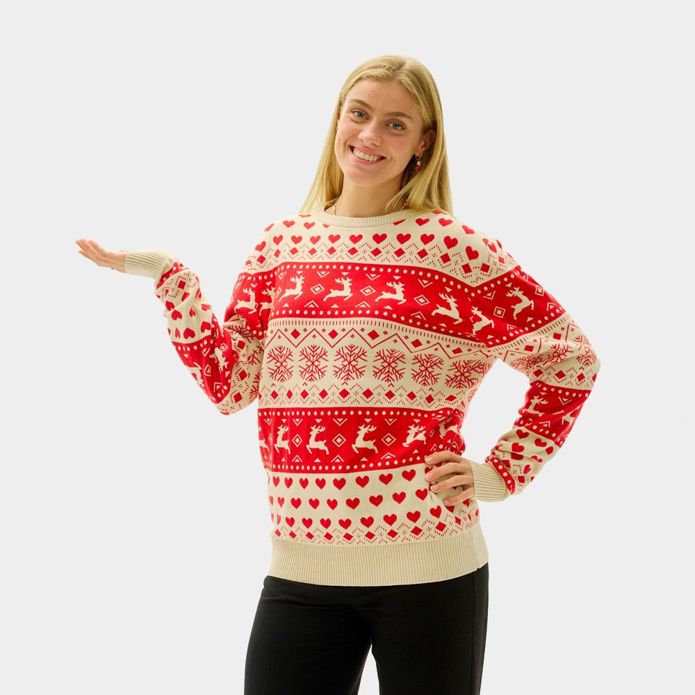 Pull de Noël pour Homme Femme Cœurs Rouges et Beige Coton Bio
