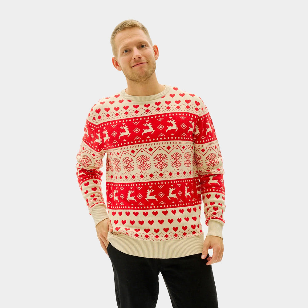 Pull de Noël pour Homme avec Cœurs Rouges et Beige Coton Bio