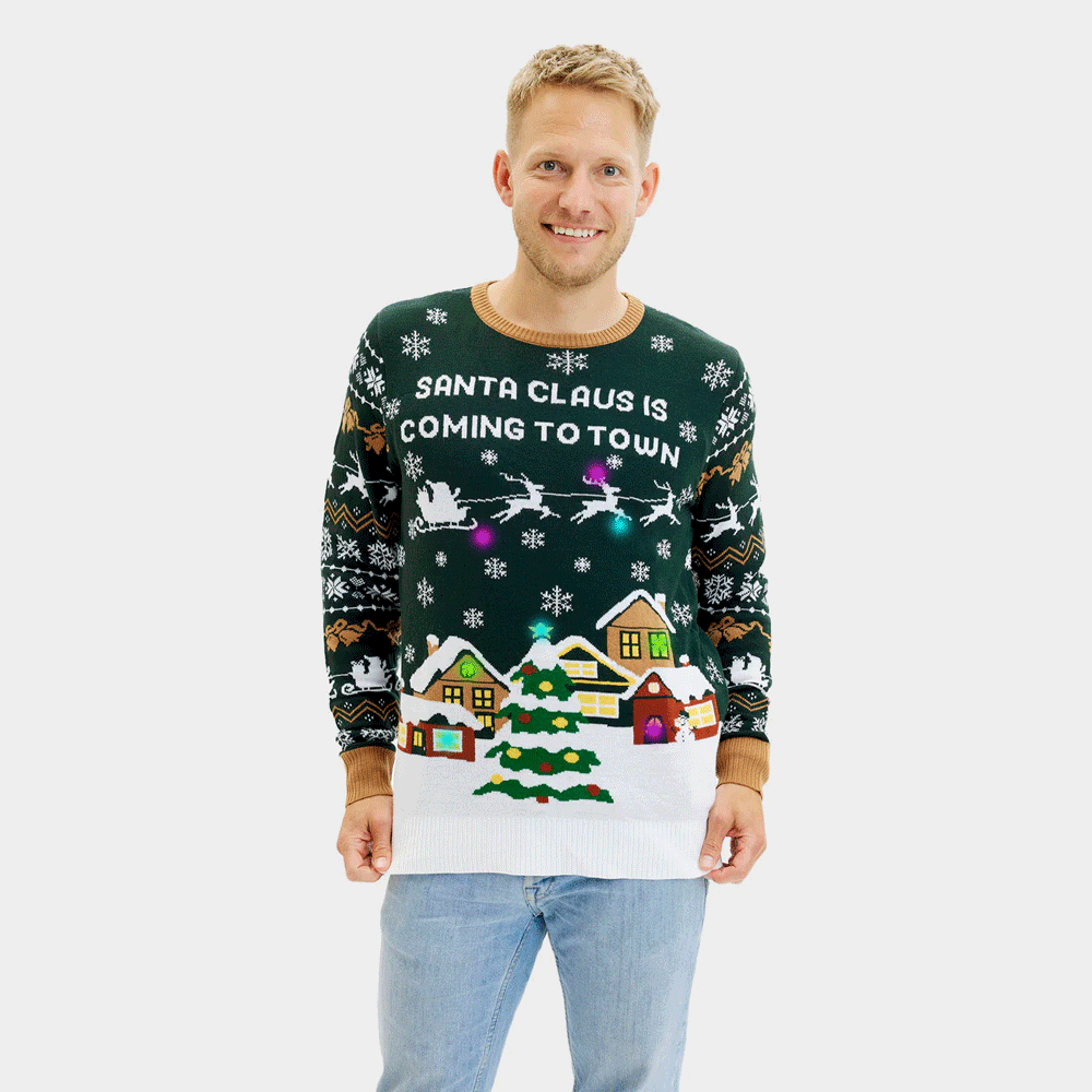 Pull de Noël homme Couple Lumineux LED Santa is Coming to Town
