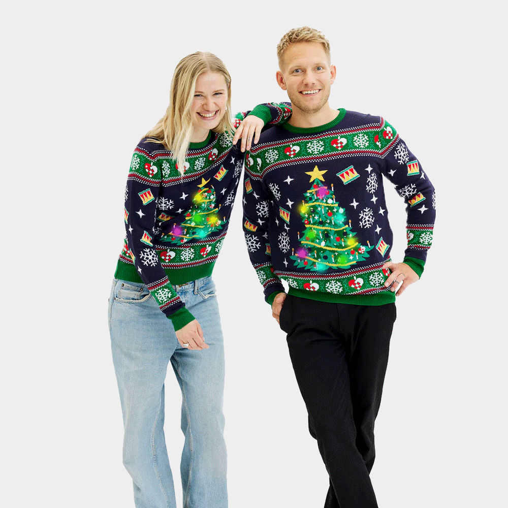 Pull de Noël pour Homme et Femme Lumineux LED Bleu avec Sapin de Noël
