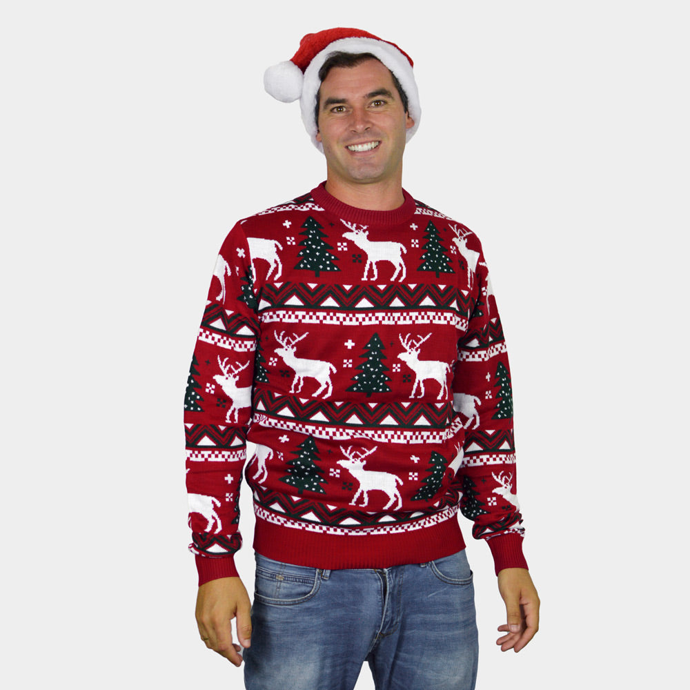 Pull de Noël pour Femme Rouge Homme Sapins de Noël et Rennes
