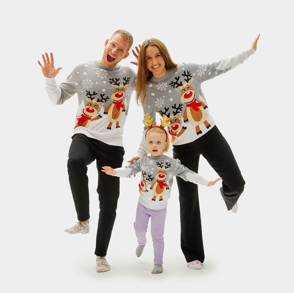 Pull de Noël Famille et Homme Gris avec Rennes Mignonnes