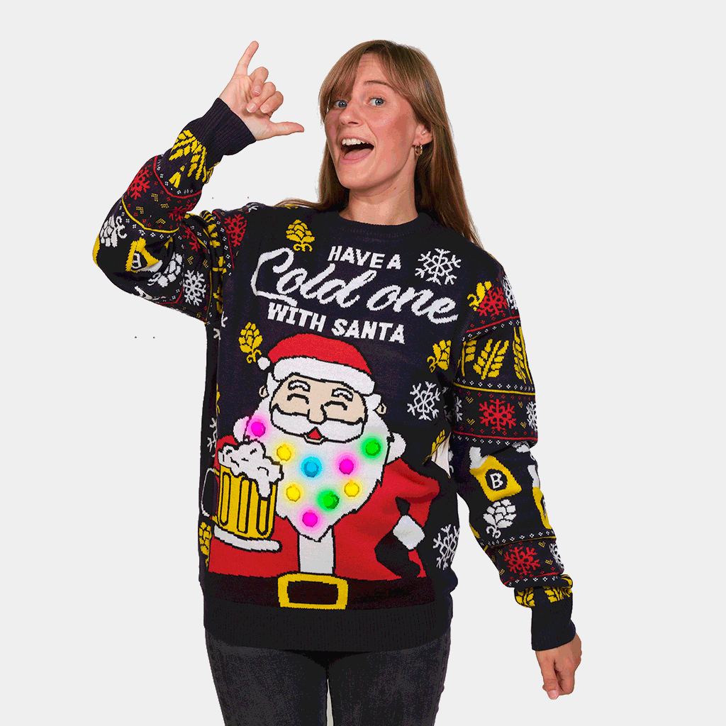 Pull de Noël pour Homme Lumineux LED Femme Père Noël avec Bière
