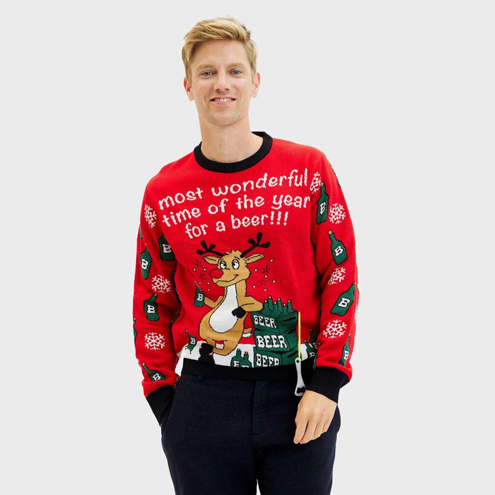Pull de Noël pour Homme avec Ouvreur de Bière Renne 
